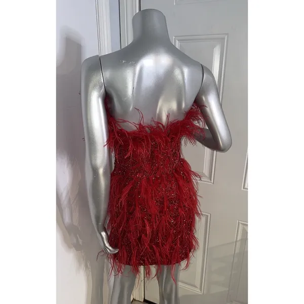 ASHLEYlauren 4615 Red Beaded Feather Cocktail Dress Strapless 2 Pageant Prom - Image 13