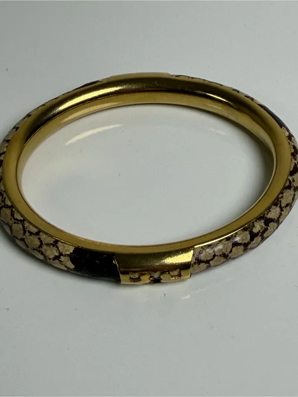 Tory Burch Women’s Leather Inlay Snake Print Gold Double T Bangle Bracelet - Image 9