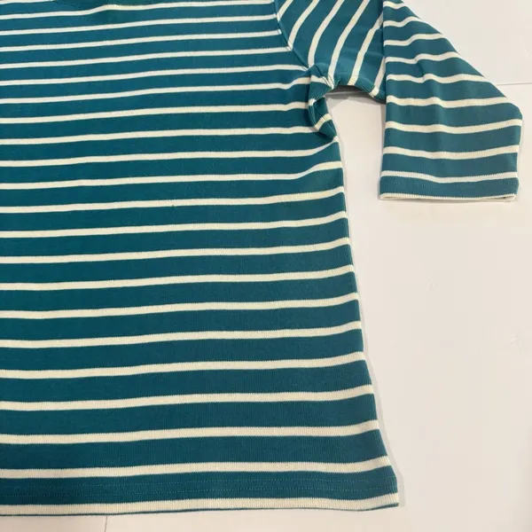 LL Bean Teal Striped Boat Neck 3/4 Sleeves Rib Knit Shirt Size XL - Image 4