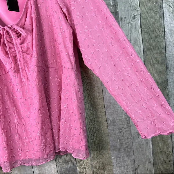 Torrid Size 4(4X)(26) Pink Long Sleeve Top Embroidered Stretch Mesh Tie Front - Image 6