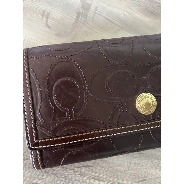 Coach Brown Leather C Monogram Stitched Continental Long Wallet Checkbook - Image 3