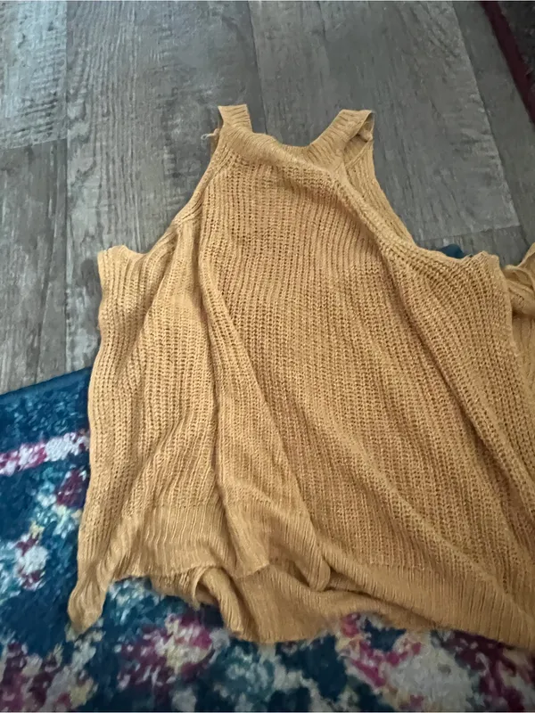 Lulus Sunny Style White Loose Knit Mock Neck Side Tie Tank Top Camel Size S - Image 10