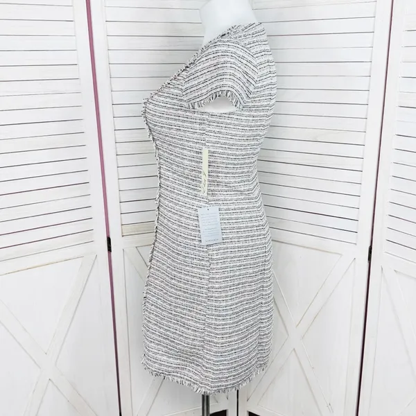 Eliza J Spring Tweed Fringe Hem Fit‎ Flare Dress White Pink Black Size 12 - Image 3