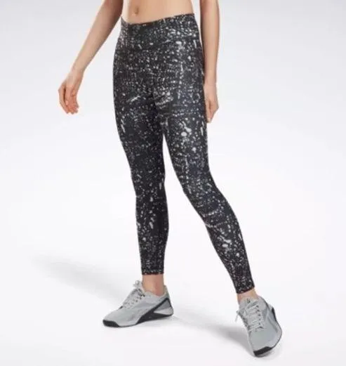 Reebok Speedwick Splatter Print Leggings Women’s SZ Large Black Gray 26” inseam - Image 14