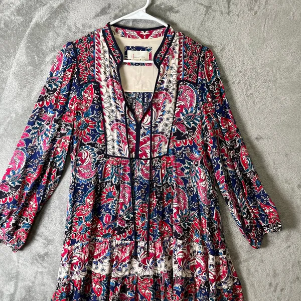 Anthropologie Spliced Tunic Dress Red & Blue Paisley Long Sleeve‎ Medium Petite - Image 3