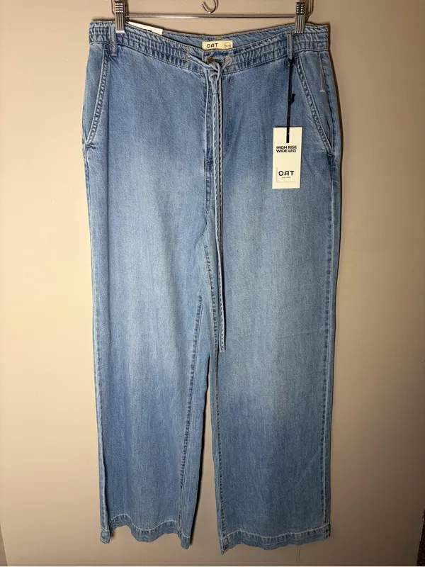 Oat New York High Rise Wide Leg Light Blue Denim Drawstring Jeans - Image 2