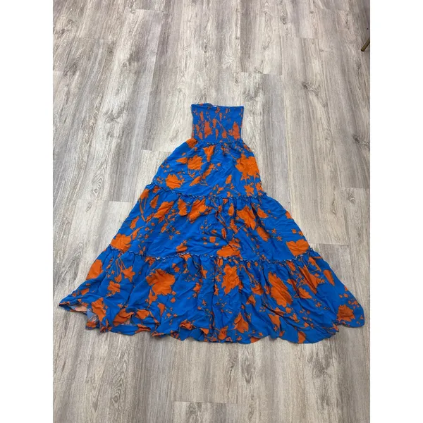 Anthropologie Adel The Label XS Blue Orange Floral Smocked Strapless Maxi Dress - Image 4