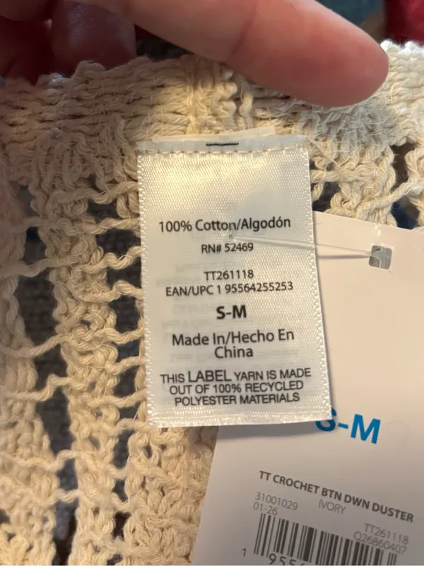 NWT Time and Tru Women’s 100 % Crochet Button-Down Duster Coverup sz S/M - Image 3