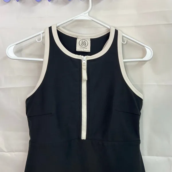 SAGE women's black white zip‎ built-in shorts active high neck split hem dress S - Image 2