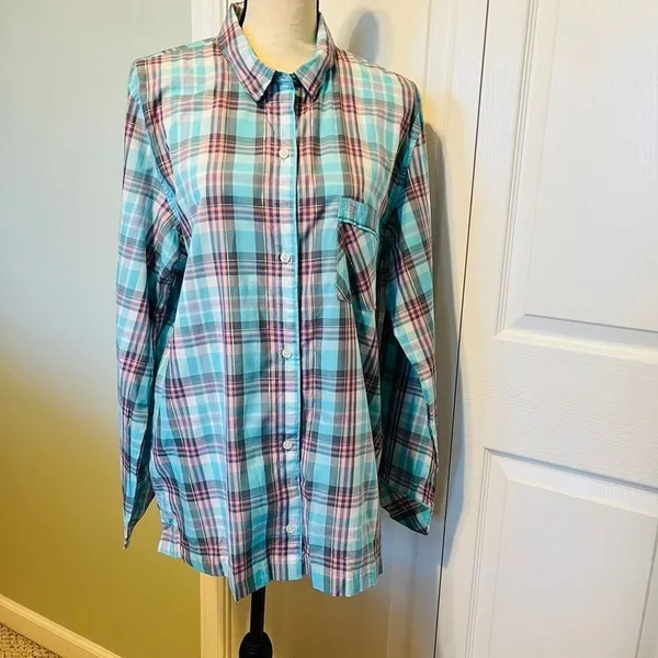 Victoria’s Secret Blue Pink Plaid Sleepshirt Long Sleeve‎ Button Front Medium - Image 3
