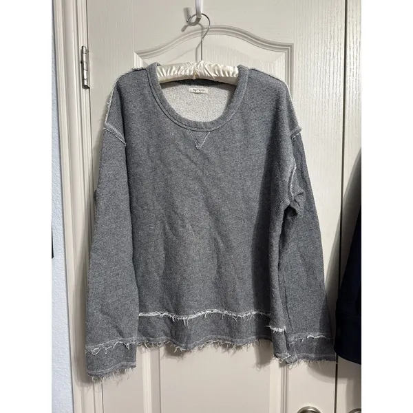 Nation LTD Gray Herringbone Raw Hem Distressed Pullover Sweatshirt Minimalist - Image 2