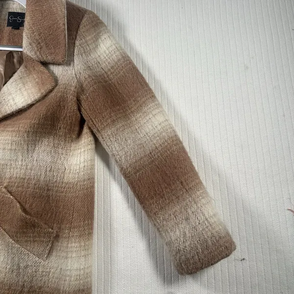 Jessica Simpson Plaid Wool Blend Coat Womens XS Camel Brown Ombre Peacoat Jacket - Image 7