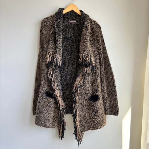 Donna Diosa Fringe Open Cardigan Sweater Fluffy Knit Shag Shabby Chic Boho - Image 11