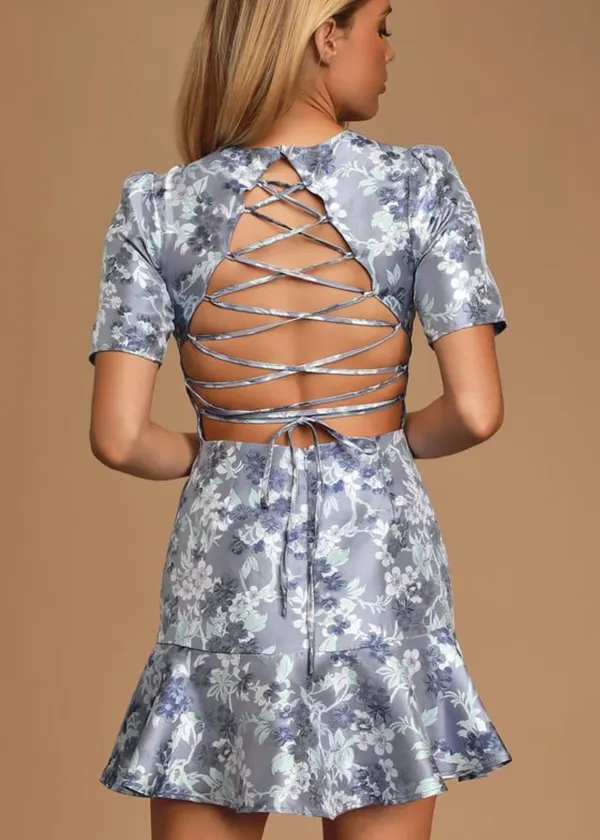 Lulus Blue Floral Jacquard Ruffled Skater Dress - Image 3