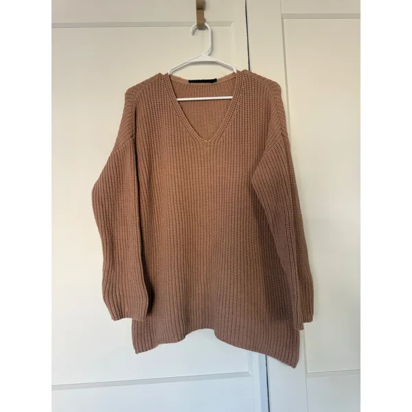 Jenni Kayne Organic Cotton V-Neck Shaker Knit Sweater Cedar Brown M 495-7358-C21 - Image 2