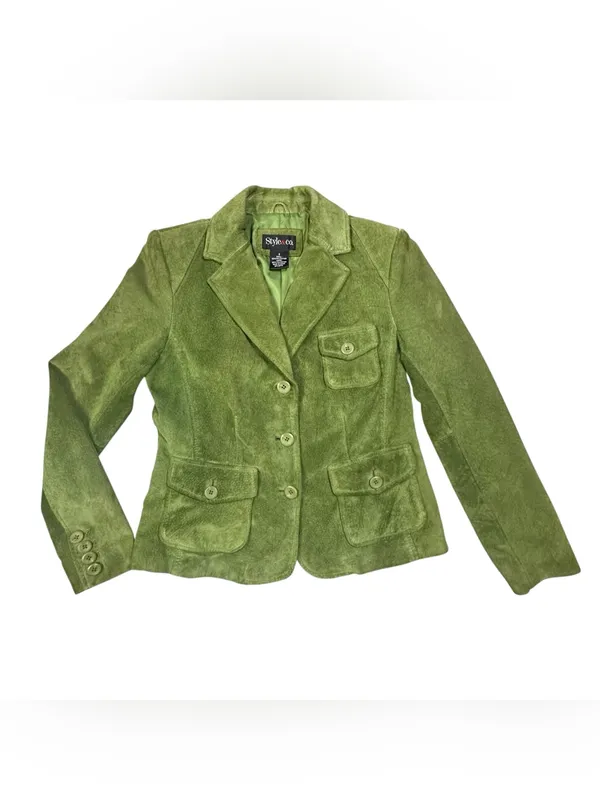 Style & Co. genuine leather blazer/jacket in a light olive green color - Image 2