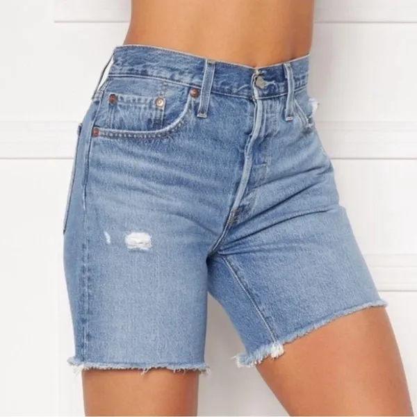 LEVI’S Mid Thigh Distressed Denim High Waisted Blue Jean Shorts - Image 2