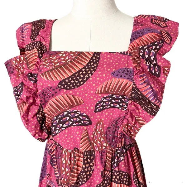 Farm Rio Wild Bananas Print Square Neck Ruffled Tiered Midi Dress Size Medium - Image 3