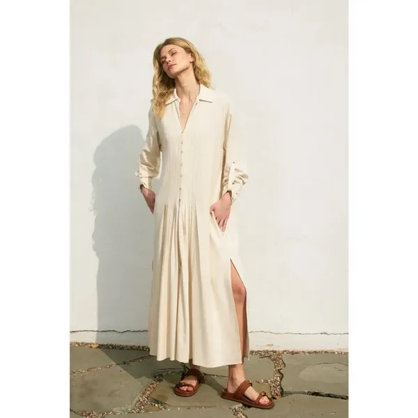 $139 Dress Forum Cotton Linen Pleated Longline Shirt Dress in oatmeal, NWT L - Image 5