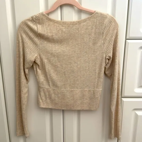 Abercrombie & Fitch Ribbed Tie Front Crop Top Size S Oatmeal Long Sleeve Knit - Image 6