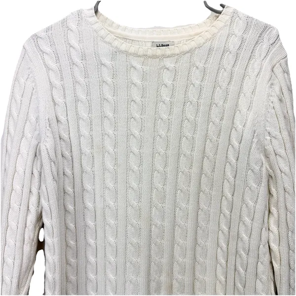 LL Bean Ivory Pullover Cable Crew‎ Neck Long Sleeve Cotton Sweater Size MEDIUM - Image 5