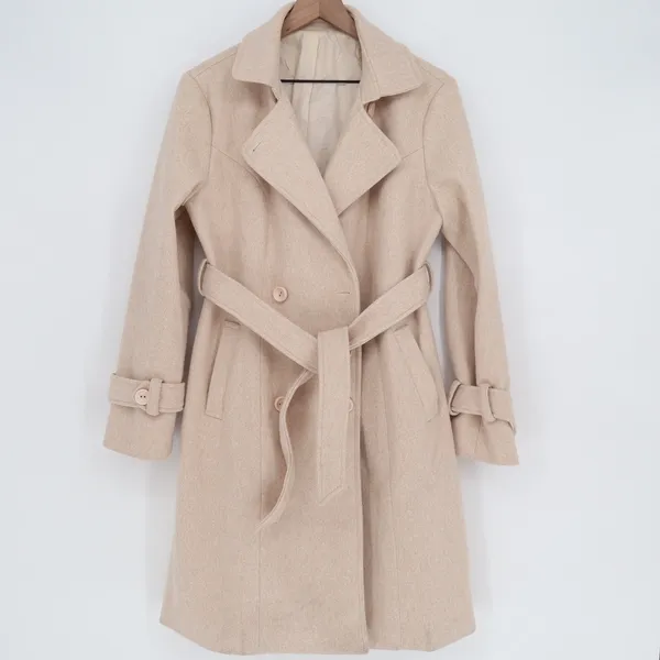 Beige Double Breasted Belted Trench Coat M2A141 Large Tan Long Sleeve Jacket - Image 2