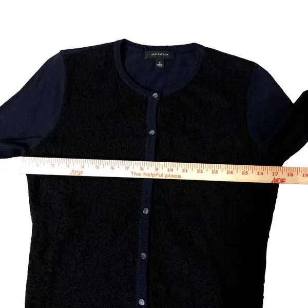 Ann Taylor Cardigan Sweater Womens S Used Navy with Black Lace Front - Image 12