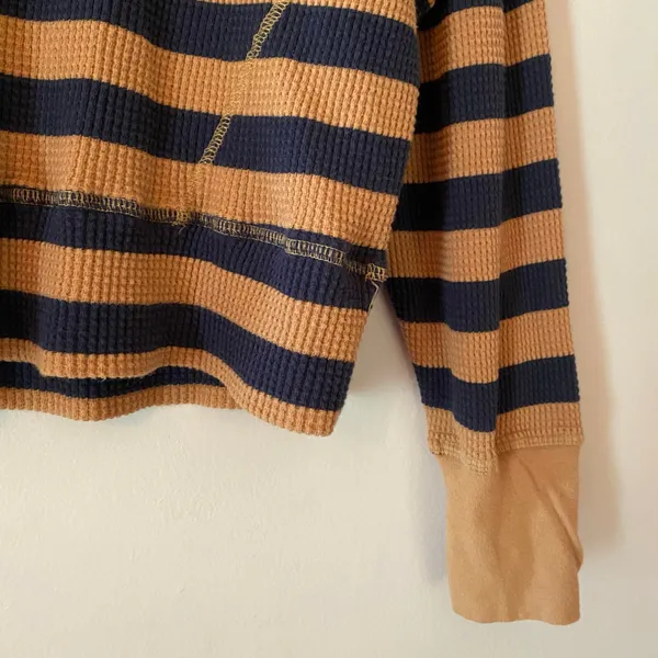 Offline Aerie Brown Blue Stripe Thermal Waffle Knit Long Sleeve Loungewear Small - Image 4