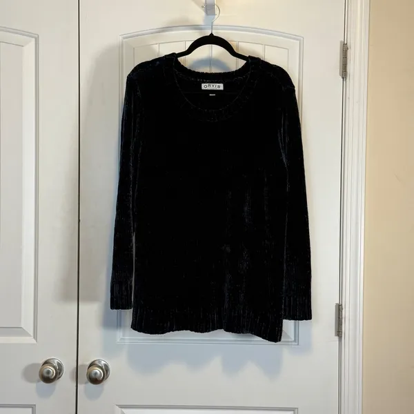 Orvis Womens Navy Blue Chenille Crew Neck Long Sleeve Soft Knit Sweater XL - Image 2