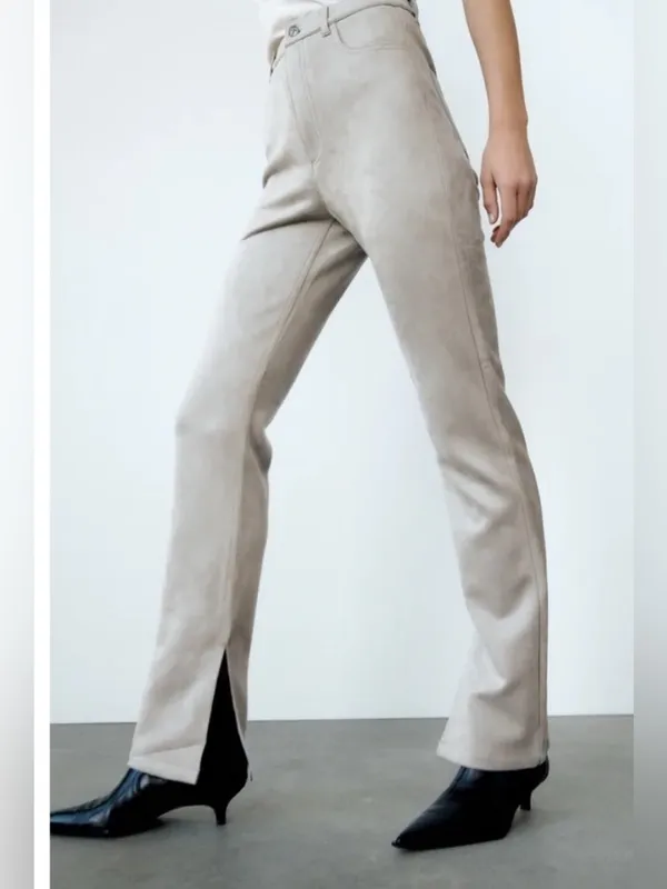 ZARA Faux Suede Pants Ankle Slit Flare Dove Gray Sz 6 Classic City Fall Neutral - Image 2