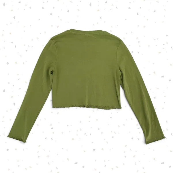 Lucy Yak Olive Green Long Sleeve Tee Lettuce Hem Crop Top Fit Fall Shirt Size M - Image 2