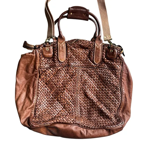 Bruno Magli Brown Woven Leather Duffle Satchel Travel Bag Made Italy Y2K - Image 5