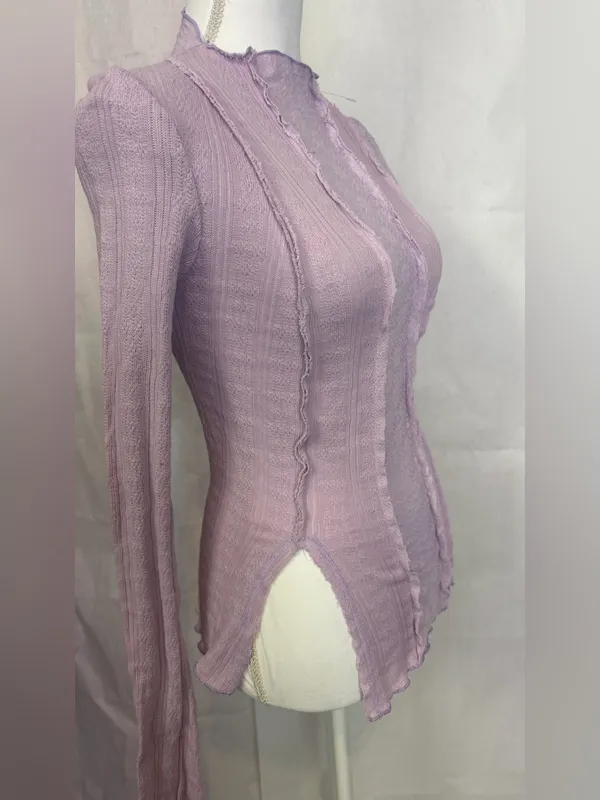 Free People Light Pink Ruffled Cable Knit Mock Turtleneck Sweater - Image 5