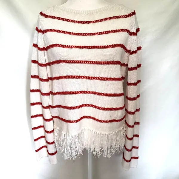 W by Worth Breton Stripe Womens Sweater Sz S Fisherman Nautical Fringe Preppy - Image 2