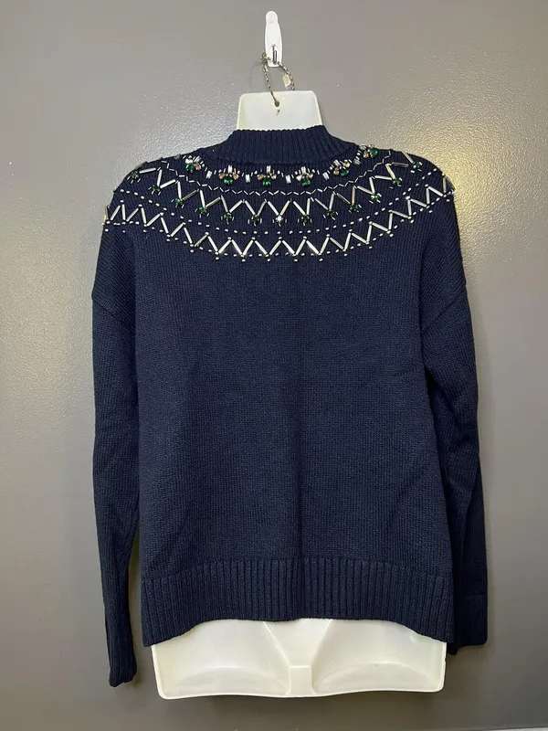 Talbots Sweater Womens Large Blue Mock Neck Beaded Jewel Yoke Knit Pullover - Image 6