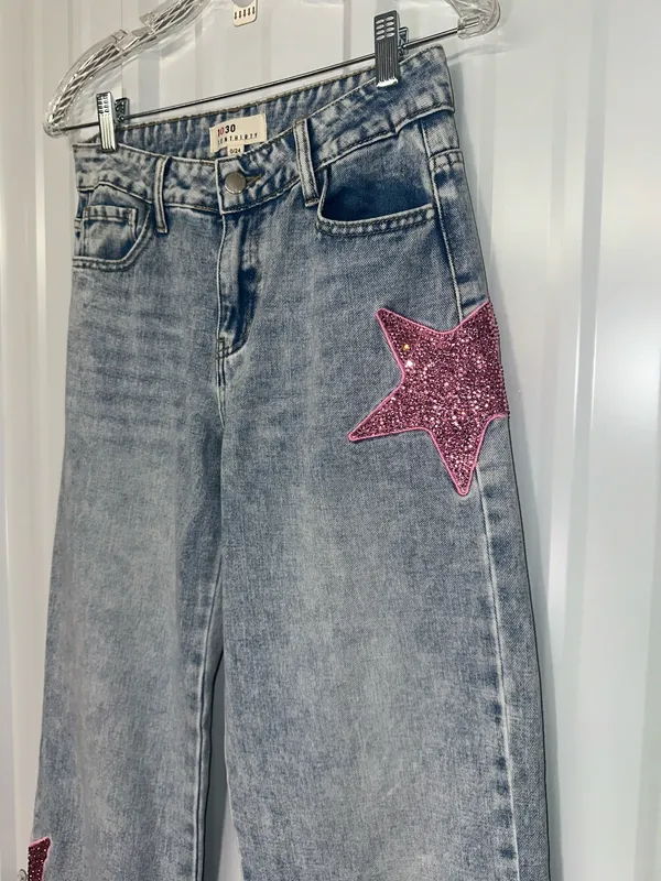 Y2K Barbiecore Pink Rhinestone Star Wide Leg Jeans Bedazzled Festival Glam - Image 5