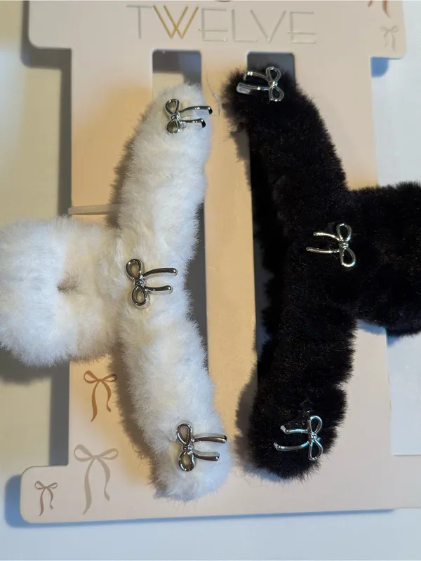 Bow nwt Faux Fur hair claw Clips - Black & White Set - Image 2