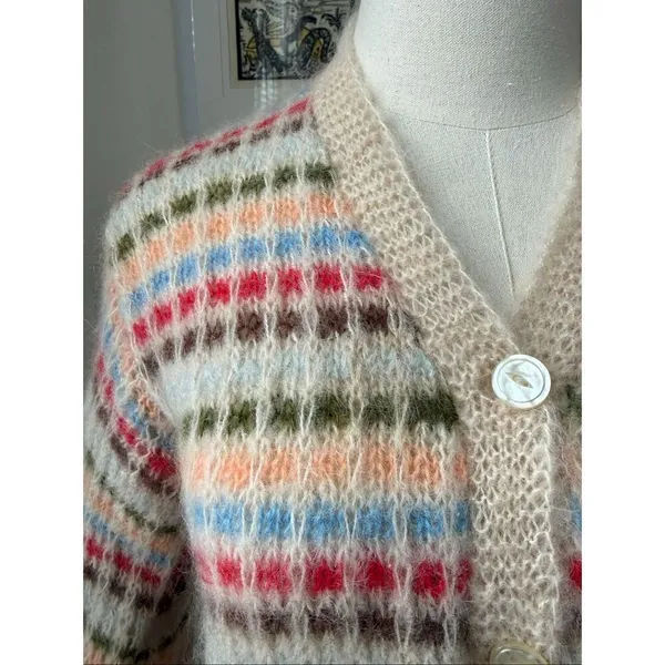 Vintage 60s 60s Mohair Stripe Cardigan Sweater XS S - Image 3