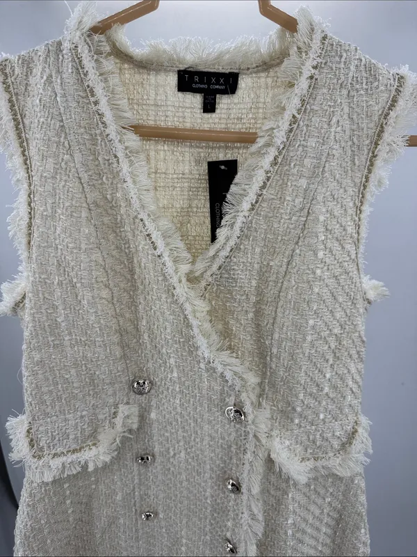Trixxi cream bouclé tweed double breasted metallic mini blazer vest dress fringe - Image 6