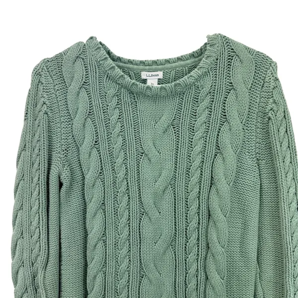 LL Bean Sage Green Double L Mixed Cable Crew Neck Pullover Cotton Sweater XS - Image 5