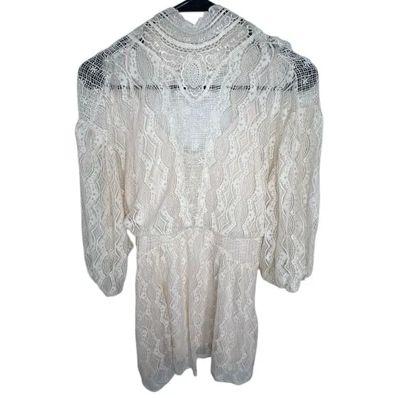 Free People Cream Half Sleeve Lace Mini Dress With Open Back - Image 2