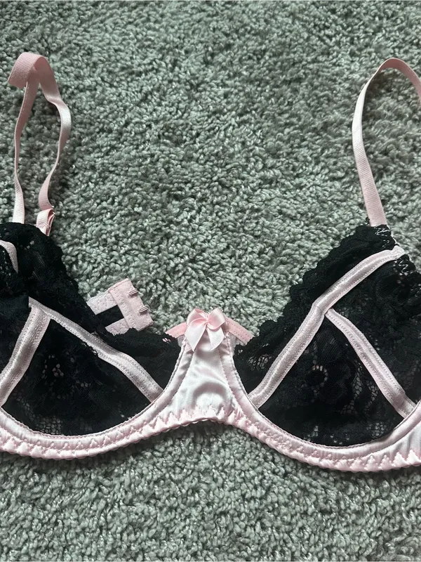 Pink and Black Lace Satin Bra & High-Waist Brief Set - Image 3