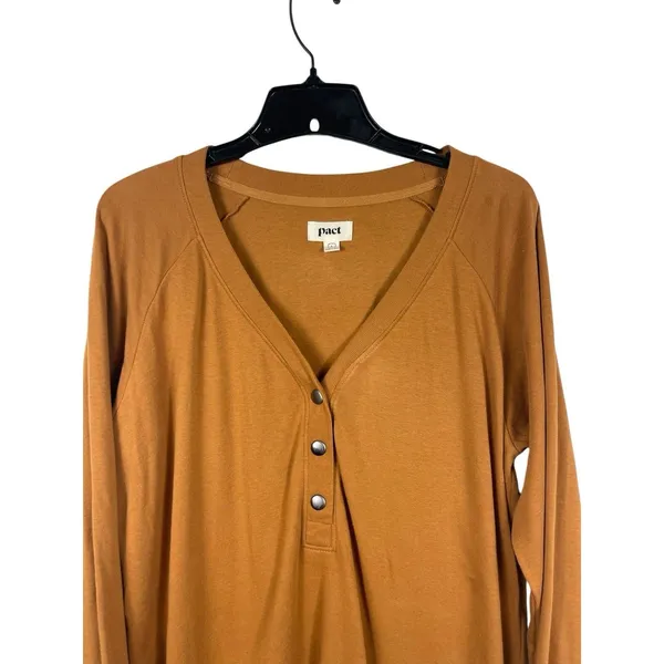 Pact Organic Cotton Henley Tunic Top Women’s L Camel Mustard Long Sleeve - Image 2