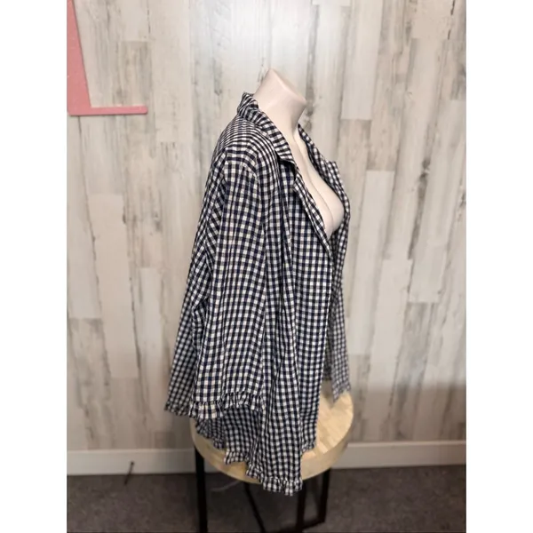 Denim & Co Navy Blue Gingham Plaid Button Up Blouse Womens Plus Size 1X Ruffle H - Image 2