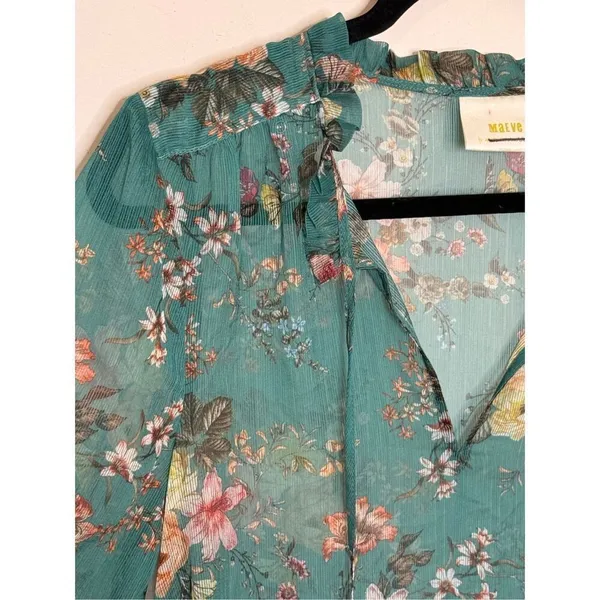 Anthropologie Maeve Emmy Teal Green Floral Printed Puff Sleeve Tunic Dress M - Image 2