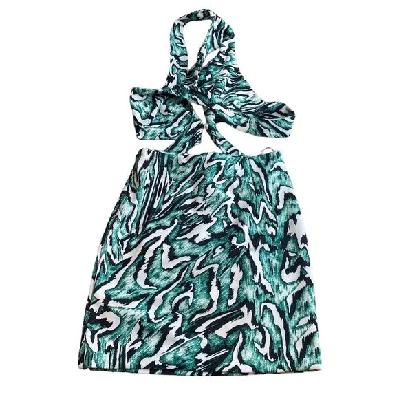 Zara Collection Teal Abstract Animal‎ Print Cutout Halter Mini Dress Small - Image 6
