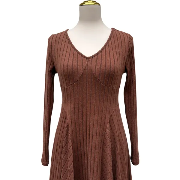 Halara Dress Sz Sm Ribbed Knit Flare Long Sleeve Flowy Casual Brown Minimalist‎ - Image 2