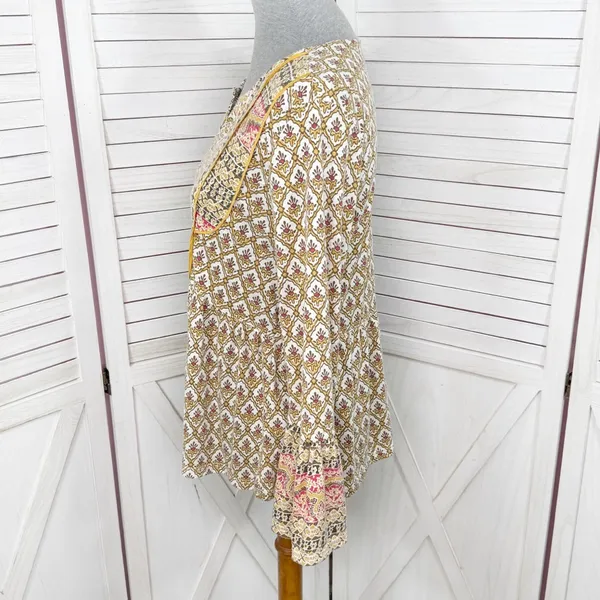 Style & Co‎ Printed Flared Hem Bell Sleeve V Neck Top Yellow Multi Small - Image 2