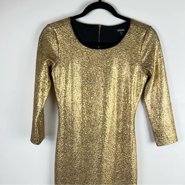 XOXO Gold Metallic Textured 3/4 Sleeve Bodycon Midi Dress Size S - Image 9