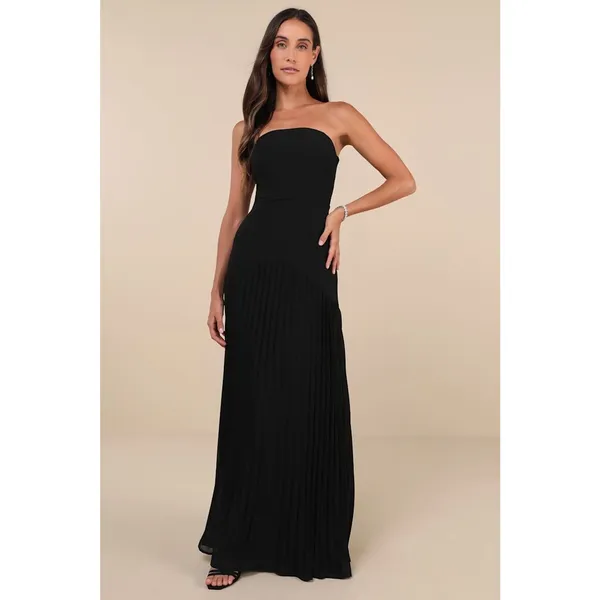 NWT Lulus Celebratory Aesthetic Black Pleated Strapless Maxi Dress Bridesmaid XS - Image 2